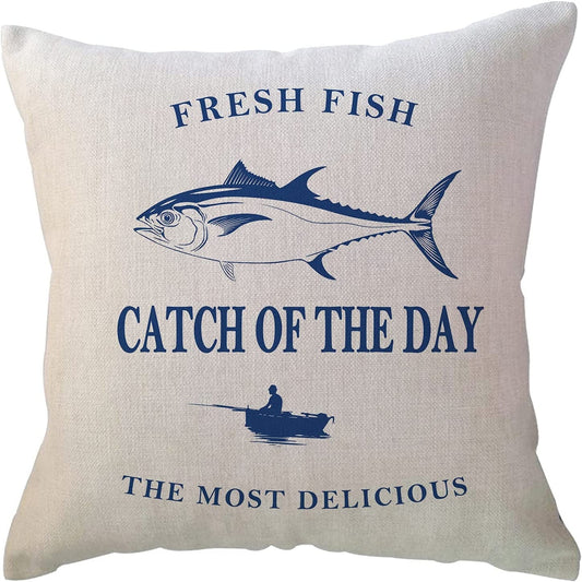 Fresh Catch of the Day fish Nautical  Rustic Throw Pillow Case  Home Decor Pillowcase Sofa Couch Cotton Linen Boil Seafood Decorative