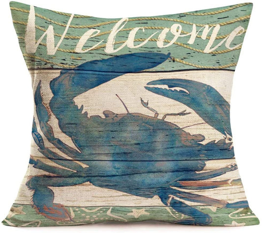 Fresh Catch Welcome Blue Crab Vintage Wood Nautical  Rustic Throw Pillow Case  Pillowcase Sofa Couch Cotton Linen Boil Seafood Decorative