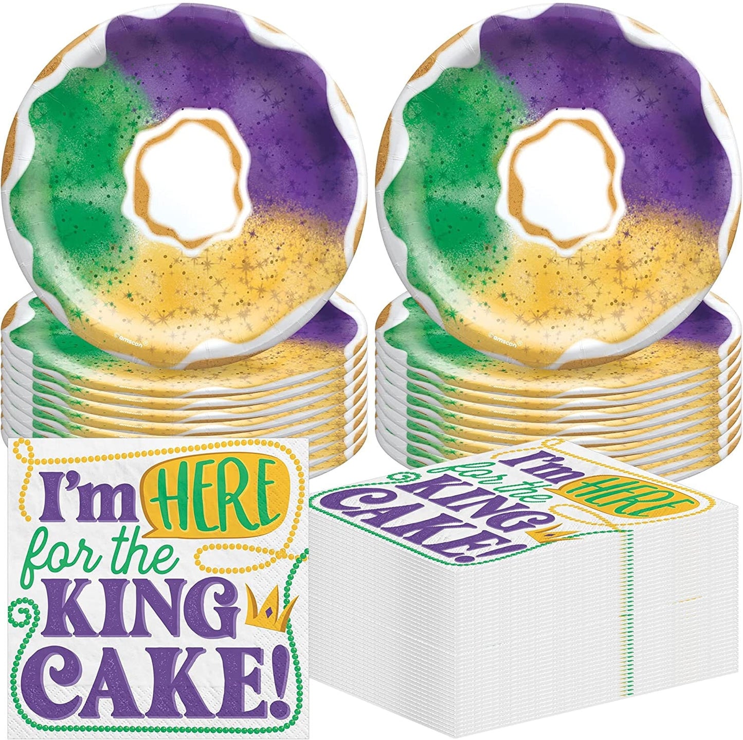 Mardi Gras  Fat Tuesday Carnival King Cake desert platter Bundle Round Plates 7"Napkins Paper Party Supplies Bourbon St New Orleans