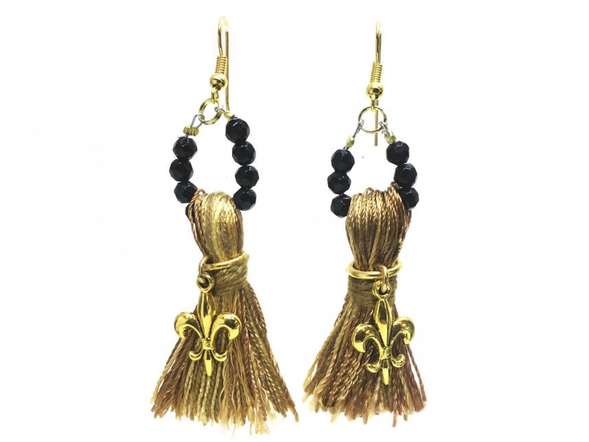 Black Gold Pearl  Fleur De Lis tassel Earrings black  Saints New Orleans Fan Mardi Gras