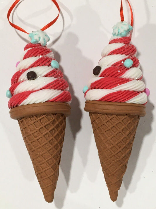 Set of 2! Red & White Ice Cream Cone Ornaments Glitter Ornament Christmas Holiday Blue Bell