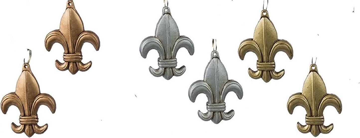 6 (six) Antique Fleur de Lis Christmas Mardi Gras Holiday Ornaments in Silver, Bronze and Gold