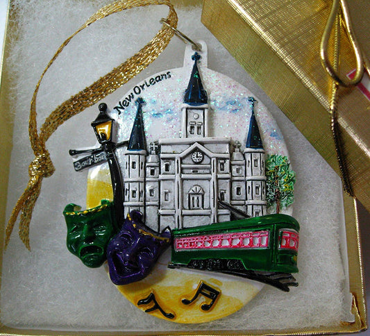 New Orleans St. Louis Cathedral Christmas Mardi Gras Bourbon St. Scene Ornament Cajun Creole Party wedding Nola favor bridesmaids W/ Pouch