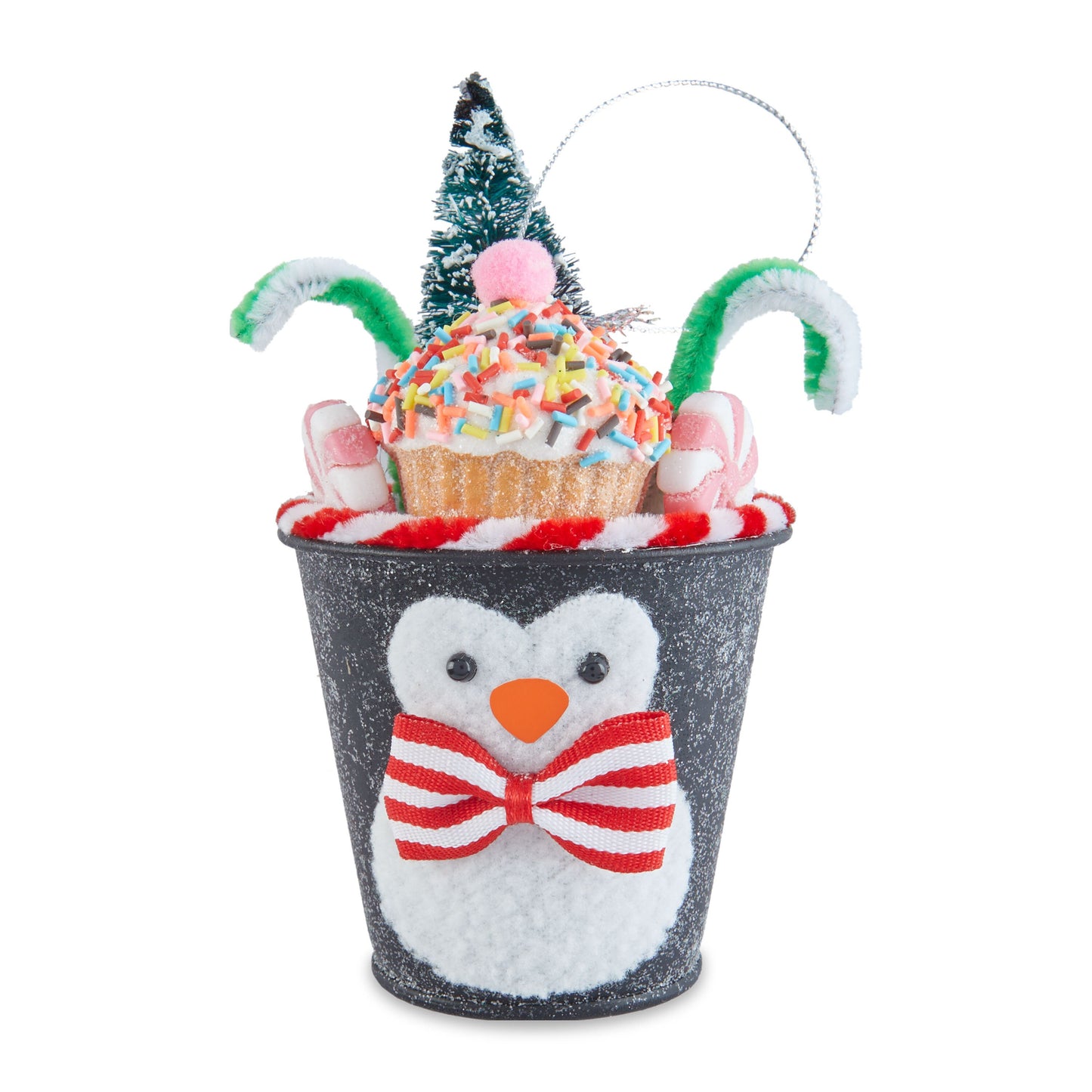 Red Sprinkle Cupcake Pink peppermint candy Penguin Bucket with  Tree Ornament chocolate Glitter Ornament Christmas Holiday