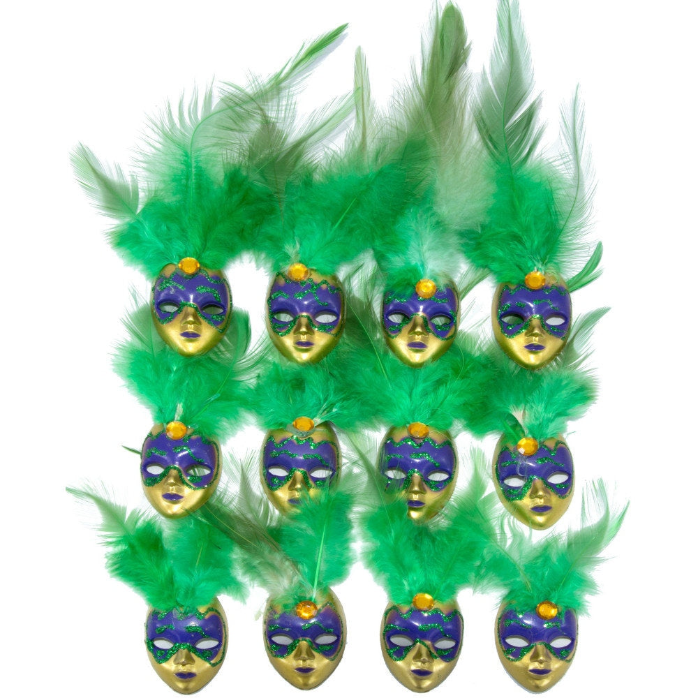 Mardi Gras Jester Face Doll Pin w/ Feathers and Rhinestone 2" Feather Mask Pin: Green set of (12)