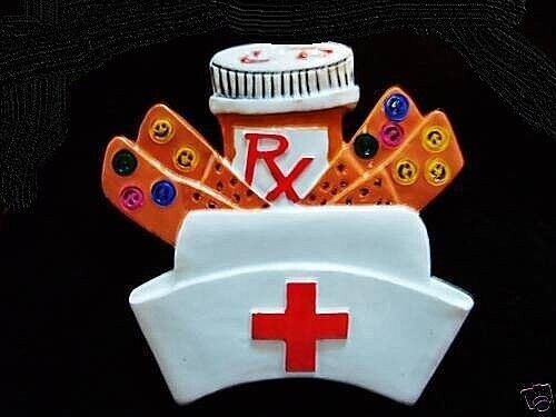 RX PRESCRIPTION PILL bottle band-aids, an a Registered nurse Cap  Christmas Holiday ornament