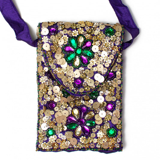 7" Beaded Mask Gold Cross Body Bag Mardi Gras Beaded Sequin Bag PURSE parade masquerade Purple Party