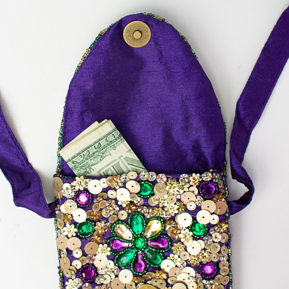 7" Beaded Mask Gold Cross Body Bag Mardi Gras Beaded Sequin Bag PURSE parade masquerade Purple Party