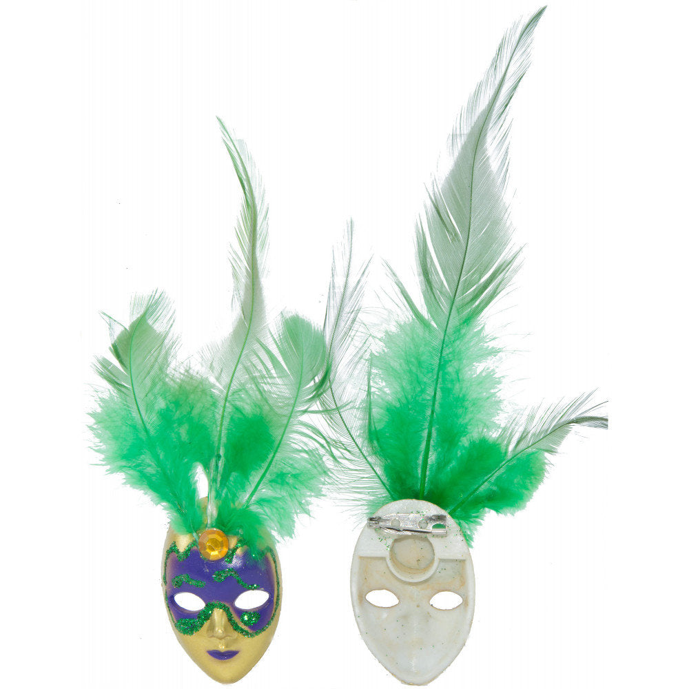 Mardi Gras Jester Face Doll Pin w/ Feathers and Rhinestone 2" Feather Mask Pin: Green set of (12)