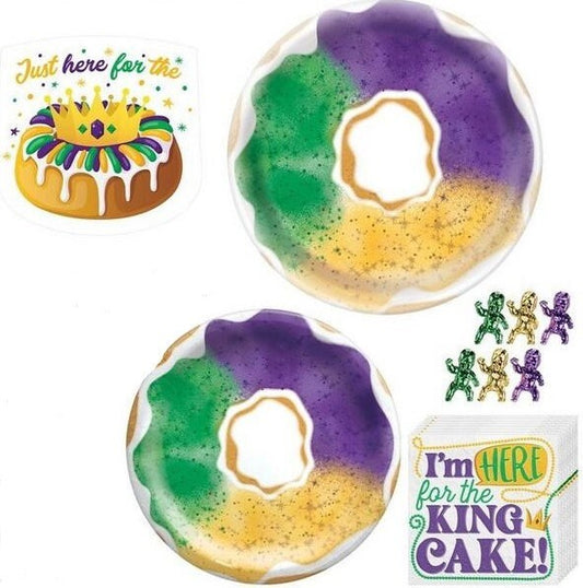 Mardi Gras  Fat Tuesday Carnival King Cake desert platter Bundle Round Plates 7"Napkins Paper Party Supplies Bourbon St New Orleans