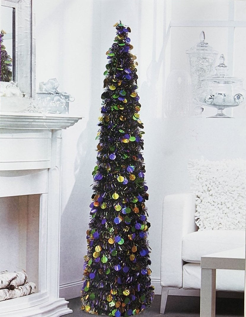 Mardi Gras 5FT, collapsible shiny sequin tinsel Tree New Orleans purple green gold Home decorations