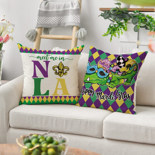 Mardi Gras Pillow Cover Alligator Harlequin NOLA Fleur De lis  for Home Decorations Beads Fleur De Lis Throw Pillows Decorative Fat Tuesday