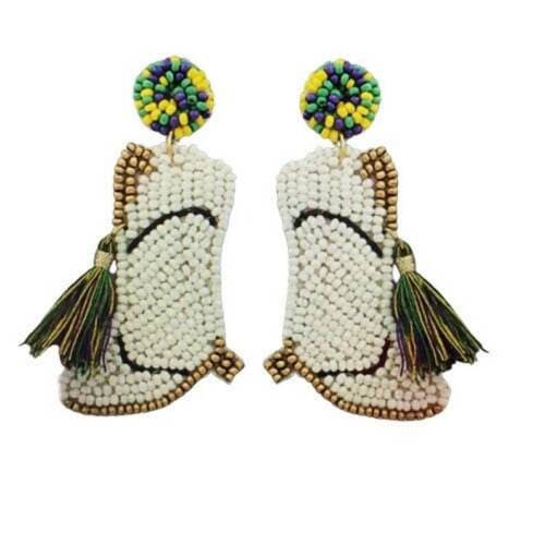 Mardi Gras Mardi Gras Beaded White Marching Boot Earrings, Mardi Gras New Orleans Parade Wear Carnival Masquerade Ball Party