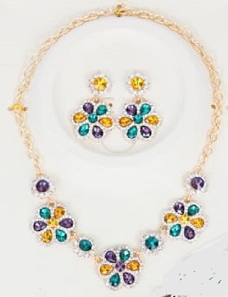 Mardi Gras faux gems Flower Earrings  Necklace Sexy masquerade ball Parade wear Party