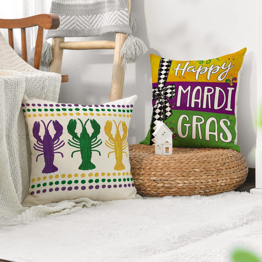 Mardi Gras Pillow SET Crawfish  Home Harlequin Fleur De lis  for Home Decorations Beads Fleur De Lis Throw  Decorative