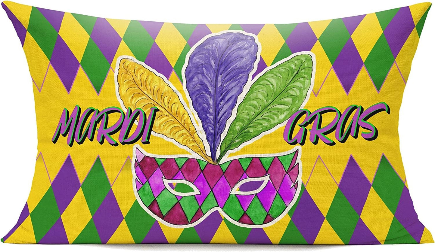 Mardi Gras Mask Harlequin Fleur De lis Throw Pillow Cover, 12x20 Inch Decorations Lumbar Throw Pillow  Party Cushion Case