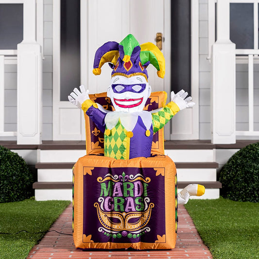 Mardi Gras ANIMATED! Goes up and Down! Inflatable 4 FT Jester in The Box with Outdoor Blow Up LED Lighted  Decoration Yard Garden Lawn Party