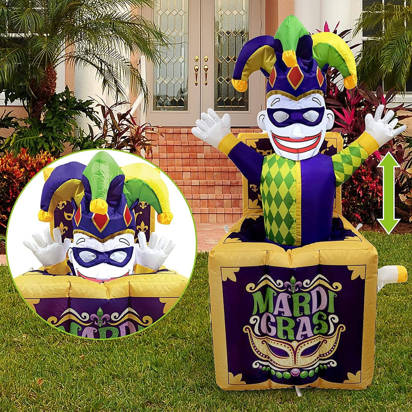 Mardi Gras ANIMATED! Goes up and Down! Inflatable 4 FT Jester in The Box with Outdoor Blow Up LED Lighted  Decoration Yard Garden Lawn Party