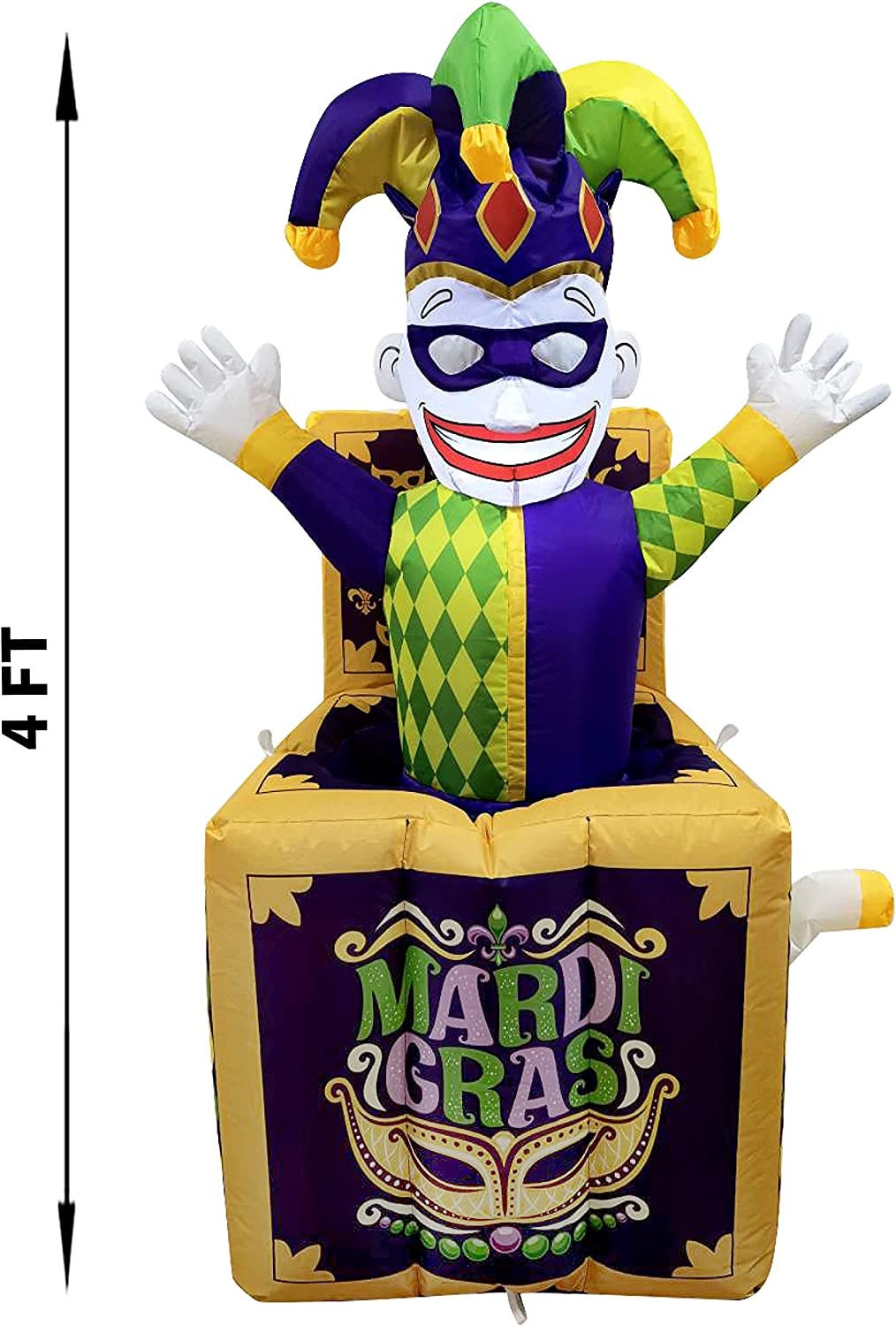 Mardi Gras ANIMATED! Goes up and Down! Inflatable 4 FT Jester in The Box with Outdoor Blow Up LED Lighted  Decoration Yard Garden Lawn Party