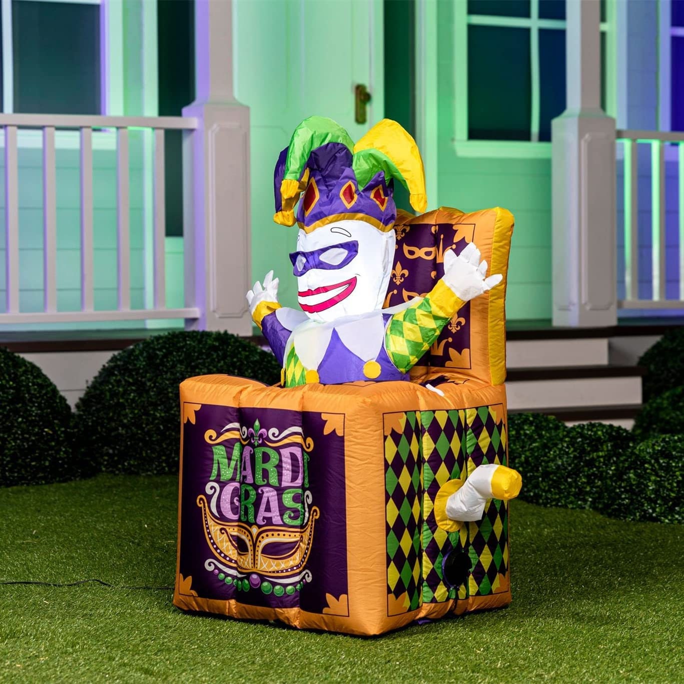 Mardi Gras ANIMATED! Goes up and Down! Inflatable 4 FT Jester in The Box with Outdoor Blow Up LED Lighted  Decoration Yard Garden Lawn Party