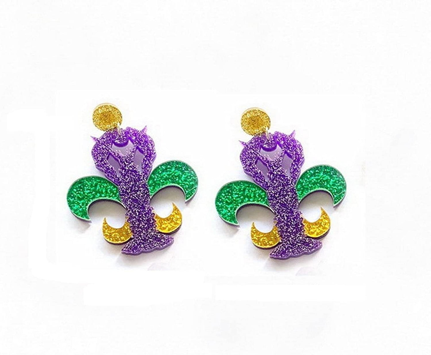 Mardi Gras  Fleur De Lis Crawfish Resin Acrylic Dangle Post Earrings New Orleans Parade Wear Carnival Masquerade Ball Party