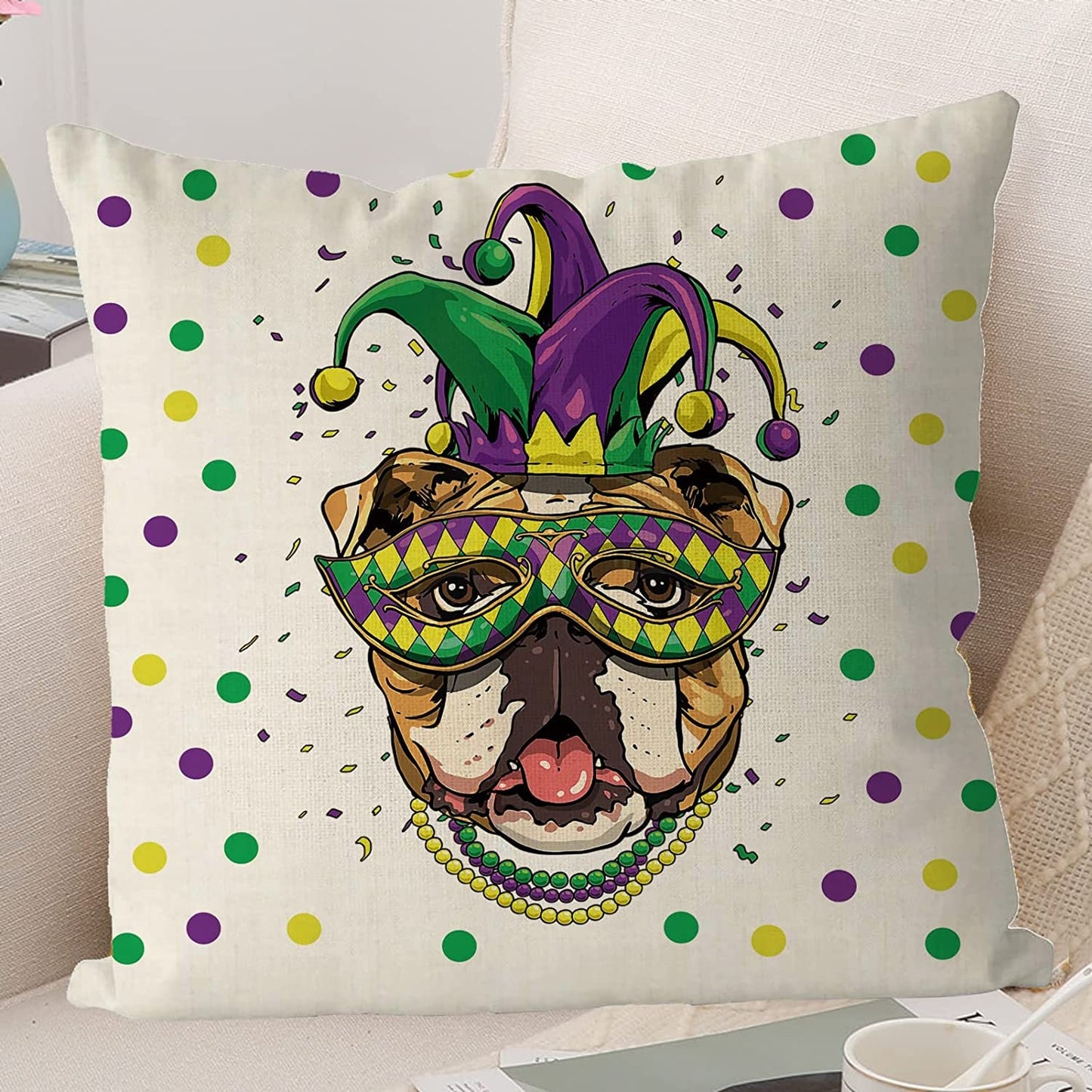 Mardi Gras Pillow Cover Jester Dog for Home Decorations Beads Fleur De Lis  Throw Pillows Decorative Fat Tuesday