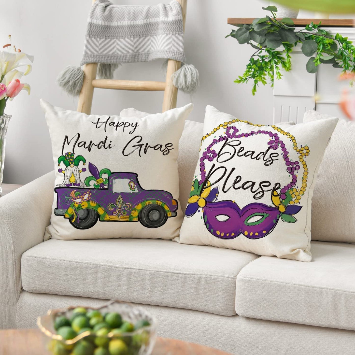 SET OF 2 Mardi Gras Purple Truck mask Pillow Cover Happy Throw Cover Bead Dog Purple Truck Gnome Fleur De lis  Party Cushion Case Decoration