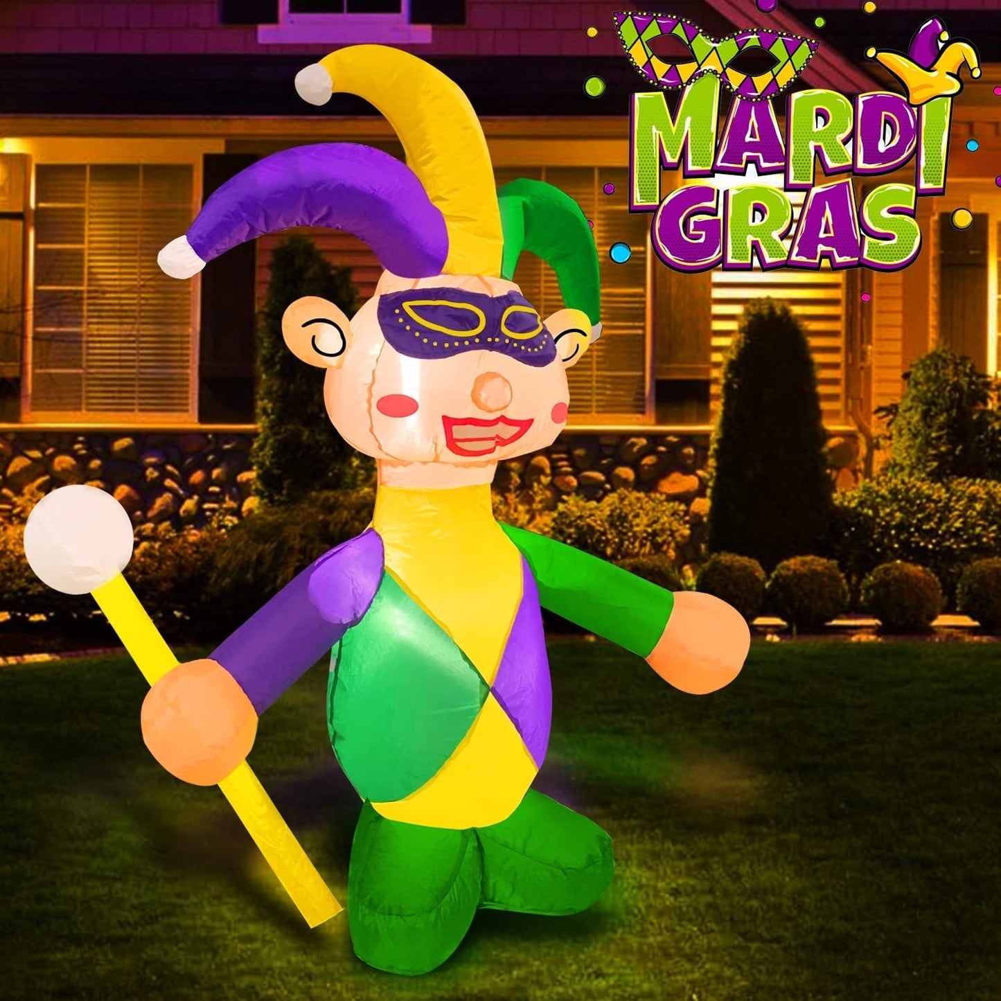 4 Foot Mardi Gras Inflatables Jester Outdoor Decoration, LED Lighted Blow Up Jester Mardi Gras Decoration Yard  Home Carnival Party Supplies