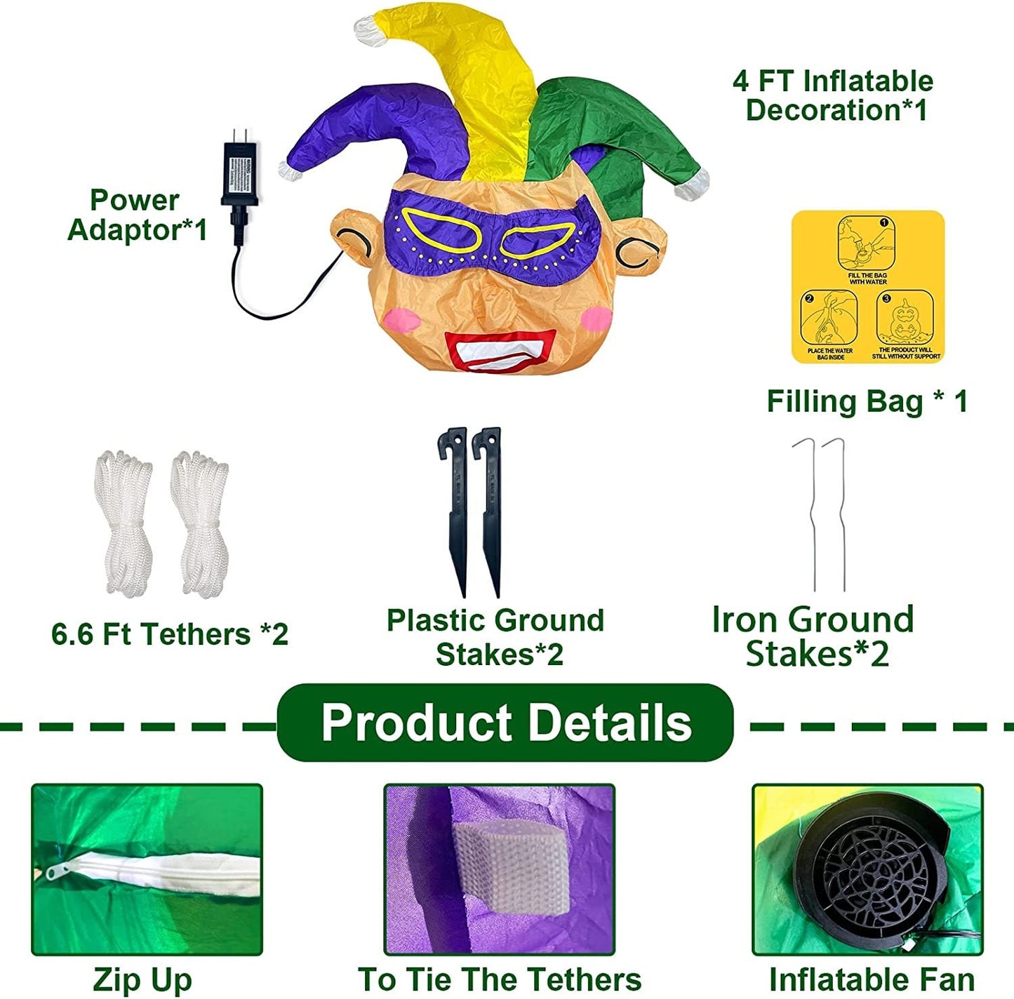 4 Foot Mardi Gras Inflatables Jester Outdoor Decoration, LED Lighted Blow Up Jester Mardi Gras Decoration Yard  Home Carnival Party Supplies