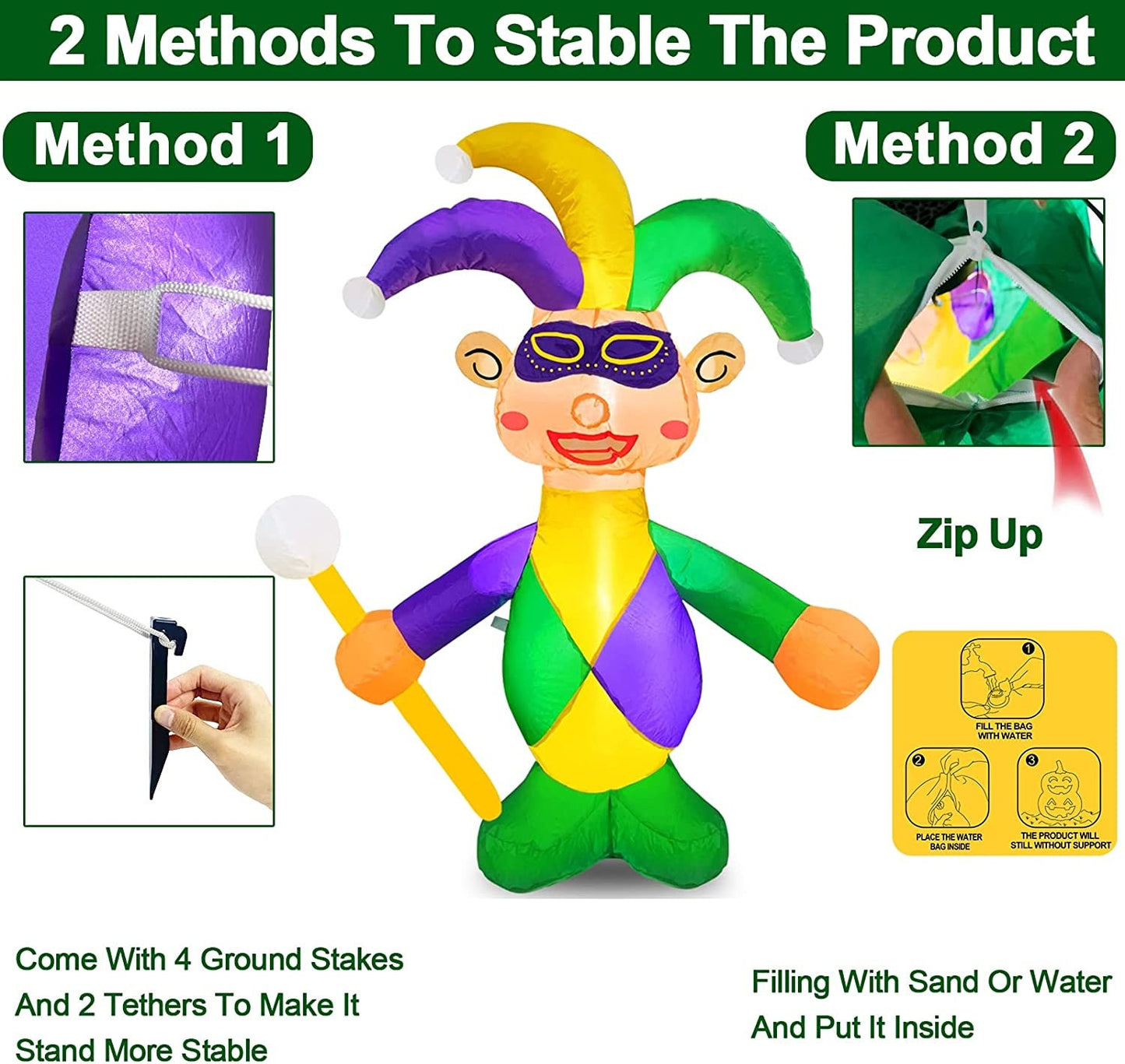 4 Foot Mardi Gras Inflatables Jester Outdoor Decoration, LED Lighted Blow Up Jester Mardi Gras Decoration Yard  Home Carnival Party Supplies