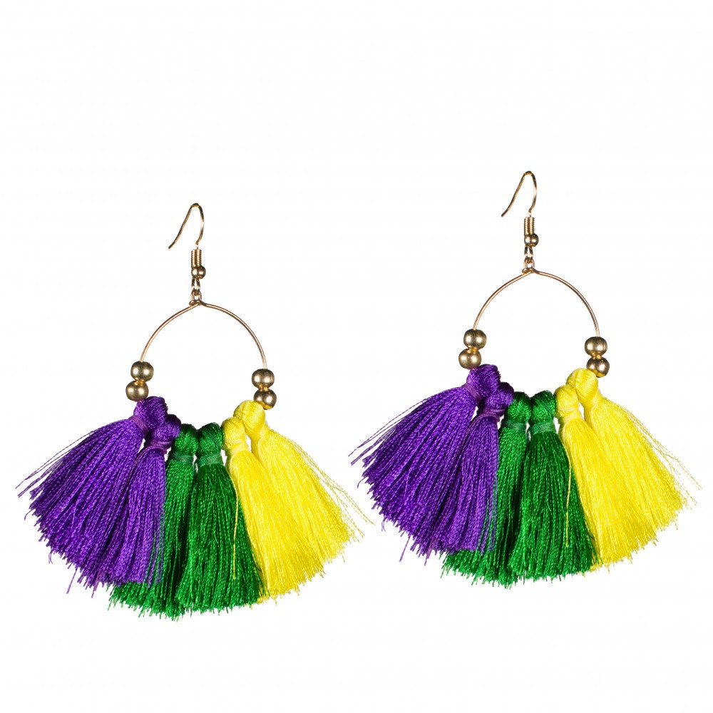 Mardi Gras Tassel Purple Green Gold 3 Tier Tassel Earrings parade Sexy masquerade ball Carnival