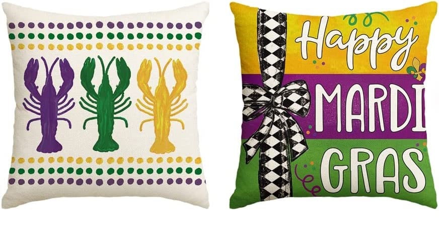 Mardi Gras Pillow SET Crawfish  Home Harlequin Fleur De lis  for Home Decorations Beads Fleur De Lis Throw  Decorative