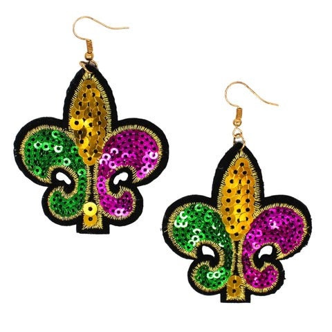 Mardi Gras Large Sequin Multi Colored Fleur de Lis Earrings Purple, Green, Gold Costume Parade party carnival