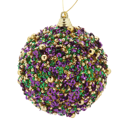 SET OF 2! Mardi Gras Purple, Green, Gold bedazzled Beads & Sequins Ornaments  round New Orleans Holiday Christmas Ornaments