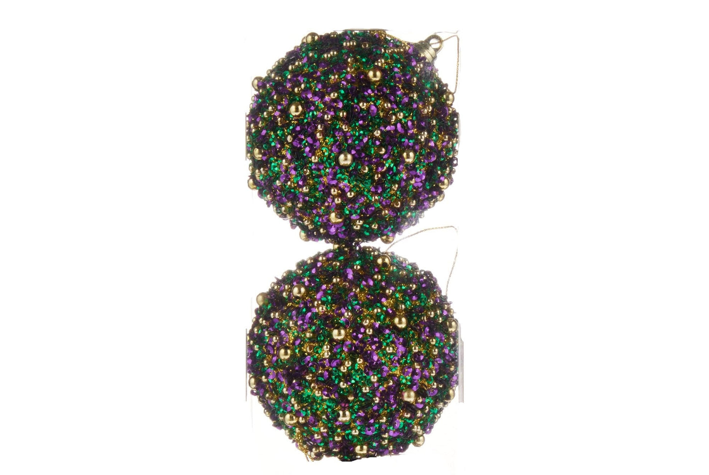 SET OF 2! Mardi Gras Purple, Green, Gold bedazzled Beads & Sequins Ornaments  round New Orleans Holiday Christmas Ornaments