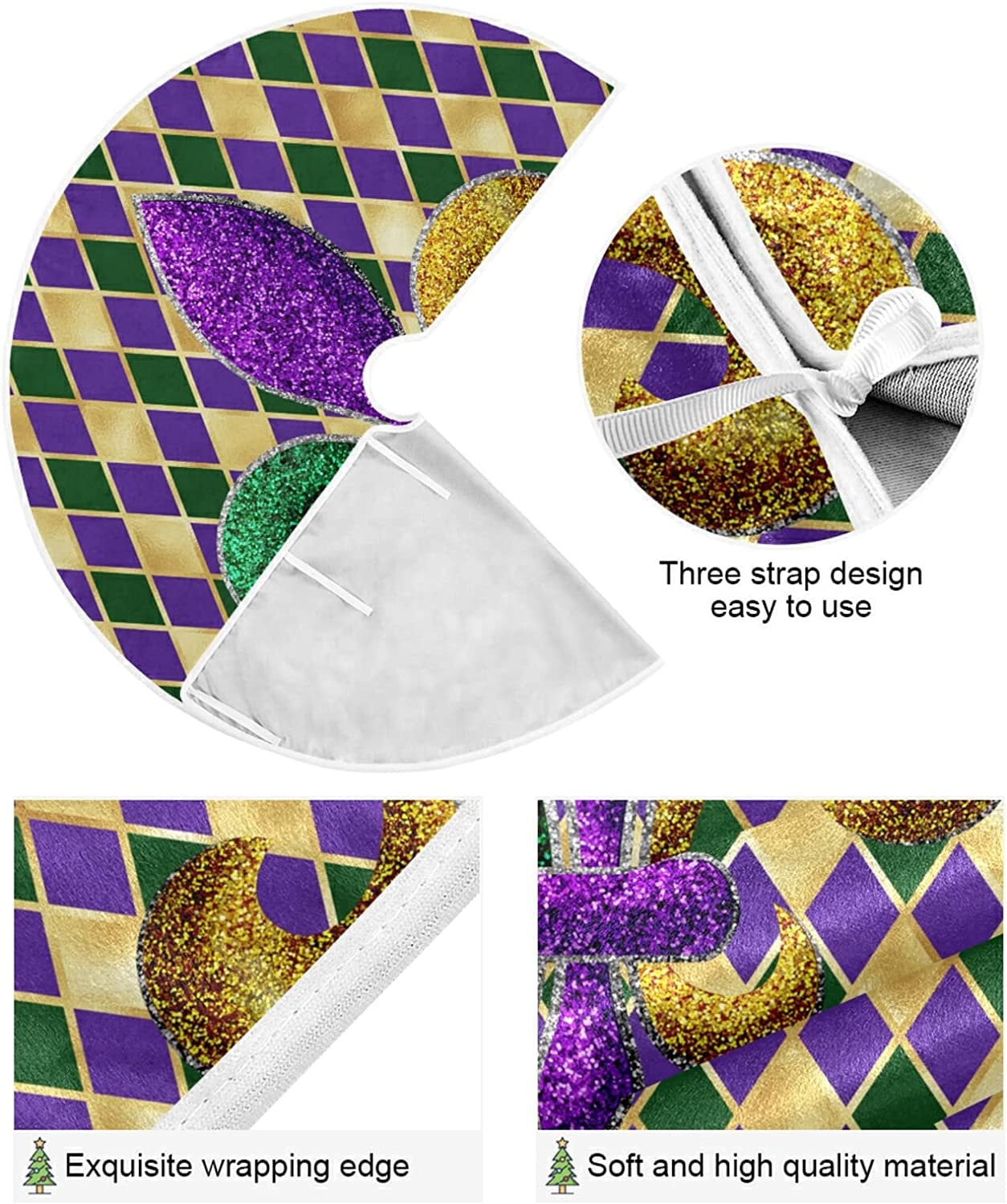 Fleur De lis Tree Skirt 35.4 Inches Mardi Gras Carnival Glitter Christmas Tree Skirt Tree New Orleans purple green gold Home