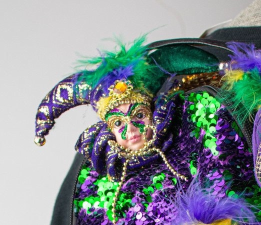 Mardi Gras Jester Face Doll Pin w/ Feathers and Rhinestone on the side, 5" tall