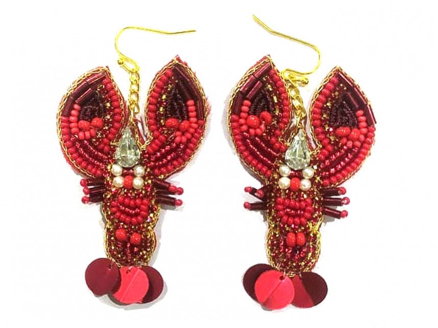 Mardi Gras Crawfish red crystal Lobster Crayfish Pierced Dangle Earrings Red Seed Bead Hook