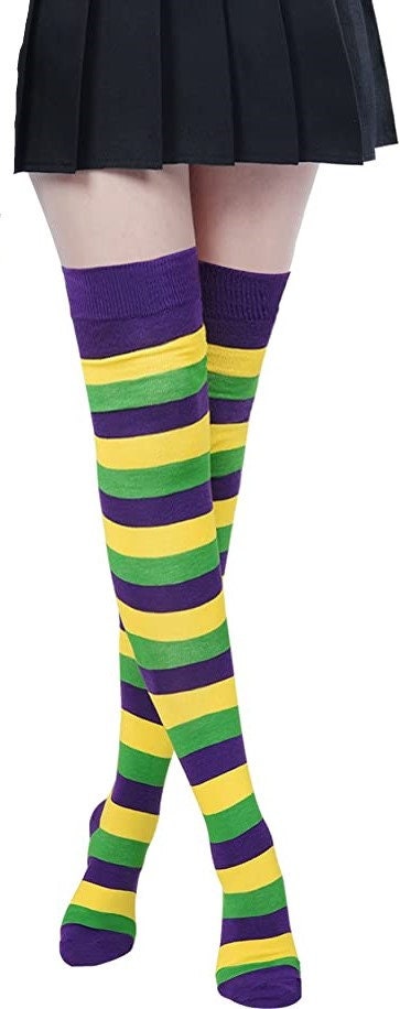 Thigh High Socks Women Long Knee High Socks Knit Boot Stockings Mardi Gras Socks lady Winter Warm Purple green gold stripe Parade