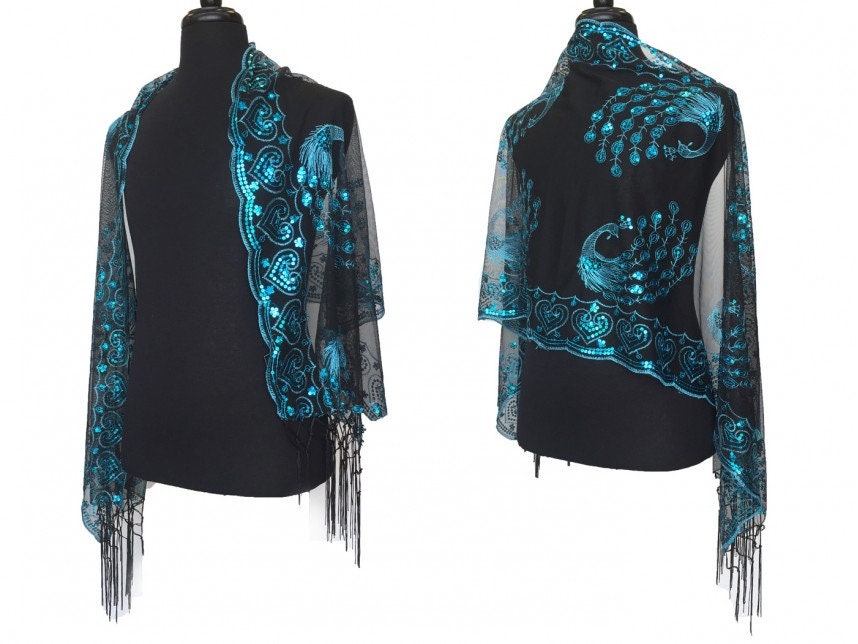 Mardi Gras Sequined Turquoise Sequin Peacock  Shawl Fringe SCARF MASQUERADE COSTUME Sexy table runner tree skirt