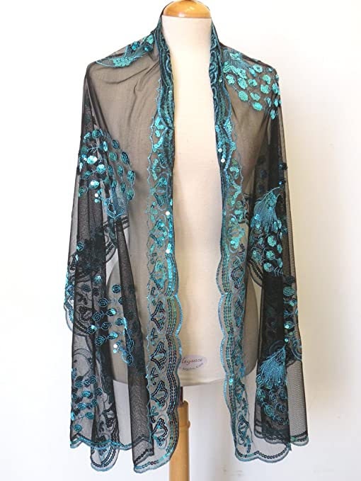 Mardi Gras Sequined Turquoise Sequin Peacock  Shawl Fringe SCARF MASQUERADE COSTUME Sexy table runner tree skirt