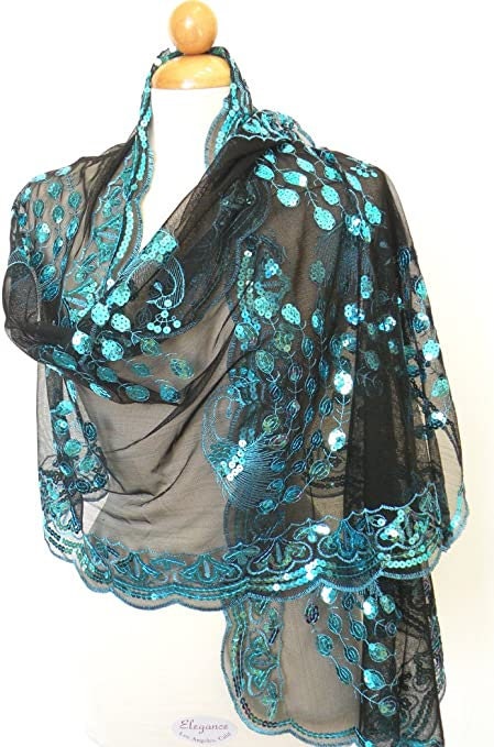 Mardi Gras Sequined Turquoise Sequin Peacock  Shawl Fringe SCARF MASQUERADE COSTUME Sexy table runner tree skirt