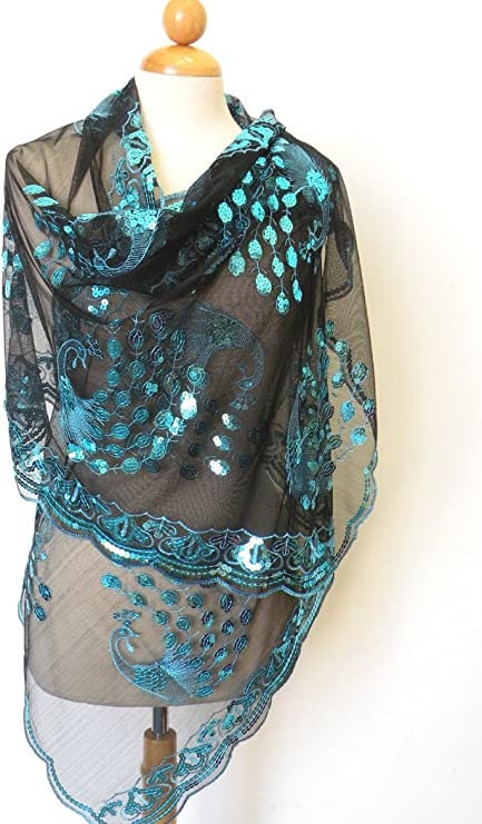 Mardi Gras Sequined Turquoise Sequin Peacock  Shawl Fringe SCARF MASQUERADE COSTUME Sexy table runner tree skirt