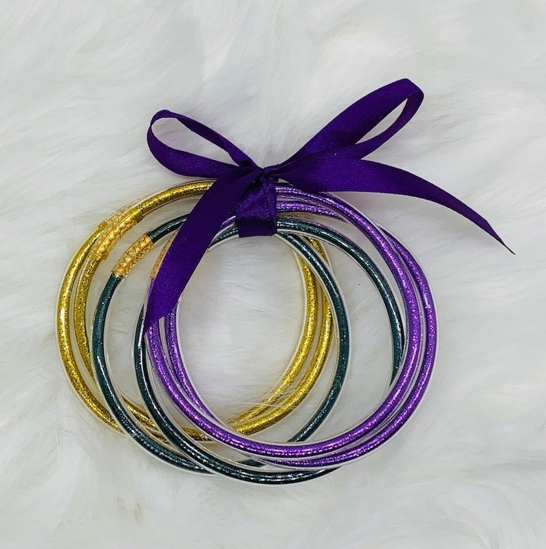 Ribbon tied Mardi Gras Bracelets, Mardi Gras Bangles Bracelet, Purple Green Gold Bracelet, Glitter Mardi Gras Bracelet