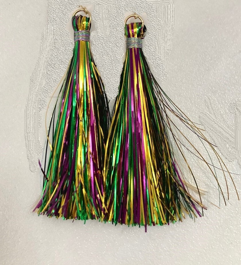 Mardi Gras Metallic Tassel Earrings Purple Green Gold tinsel Masquerade Ball Costume Parade New Orleans