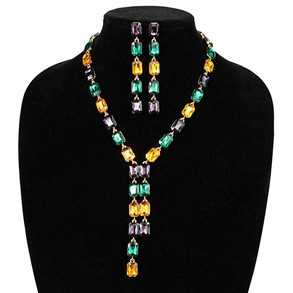 Mardi Gras Emerald Cut  Necklace and Earring set!  Parade Costume New Orleans Carnival Ball Masquerade