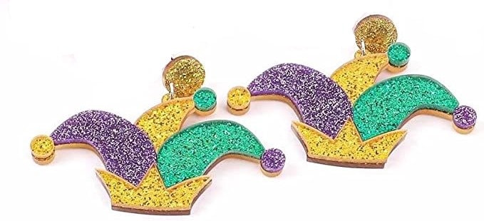 Mardi Gras  Fleur De Lis Jester hat Resin Acrylic Dangle Post Earrings New Orleans Parade Wear Carnival Masquerade Ball Party