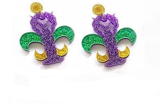 Mardi Gras  Fleur De Lis Crawfish Resin Acrylic Dangle Post Earrings New Orleans Parade Wear Carnival Masquerade Ball Party