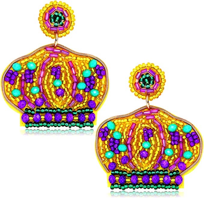 Mardi Gras crown seed bead Dangle Post Earrings New Orleans Parade Wear Carnival Masquerade Ball Party