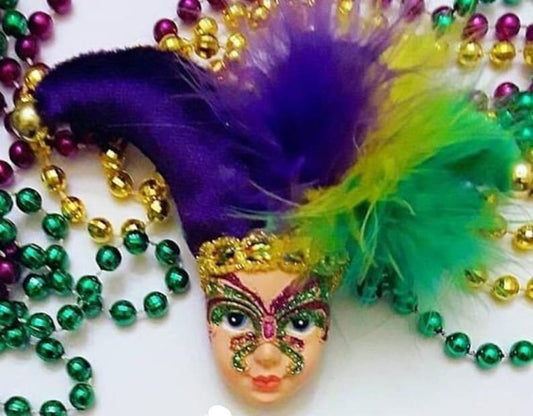 Mardi Gras Jester Face Doll Pin w/ Feathers and Rhinestone 5" tall